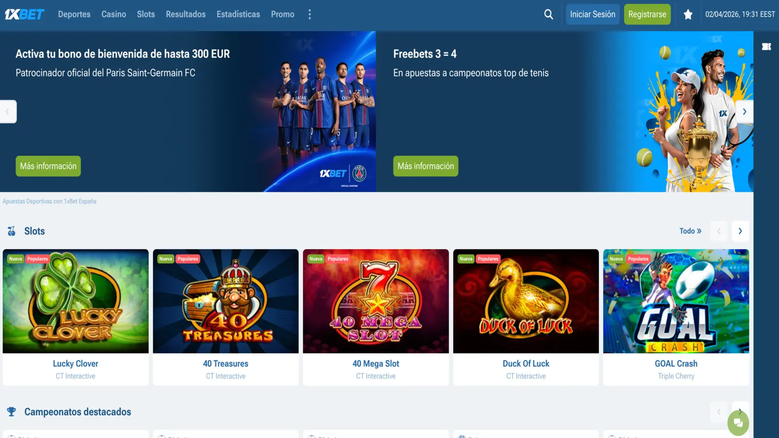 1xBet P&aacute;gina principal